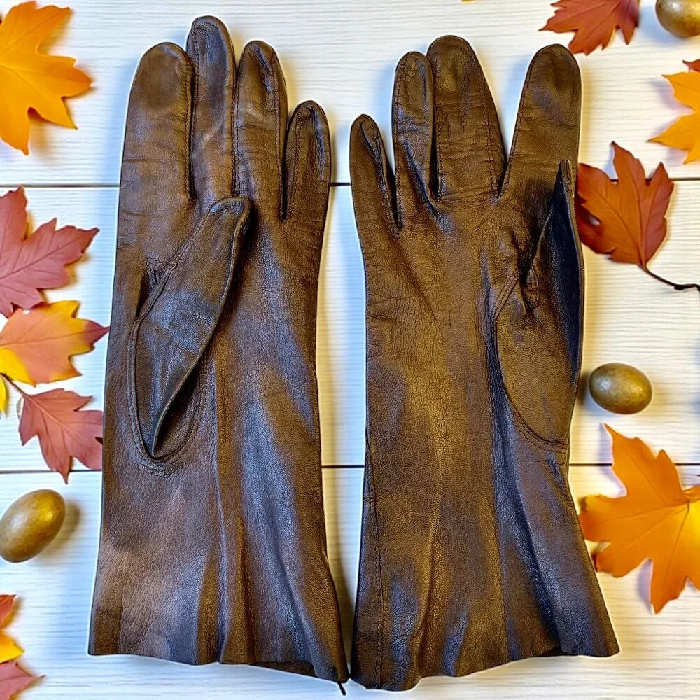Vintage Brown Leather Gloves Unlined Above Wrist WASHABLE Womens 7.5